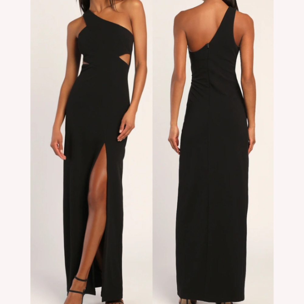 LULU'S XL Show-Stopping Style Black One-Shoulder Cutout Maxi Party Dress B24